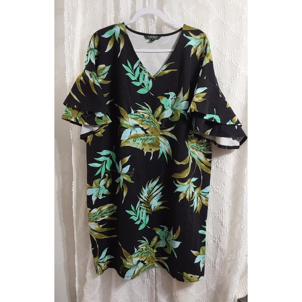 Lauren Ralph Lauren Womens 2X Black Tropical Floral Ruffle Sleeve Shift Dress